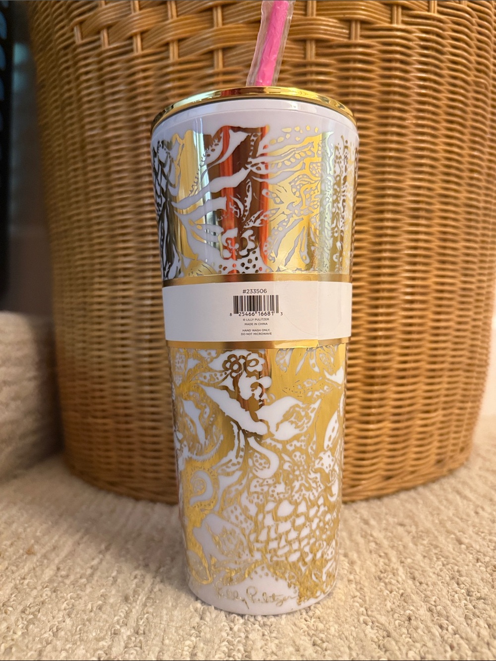 Gold Patterned Insulated Tumbler with Straw - Lilly Pulitzer